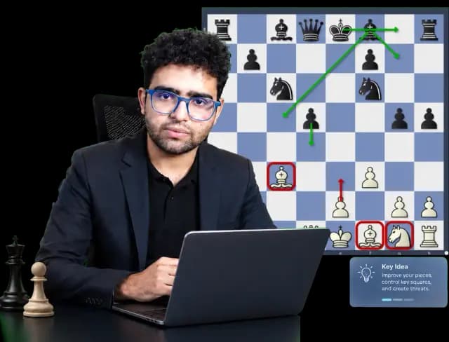 Online chess lesson setup with IM Adarsh and a chessboard